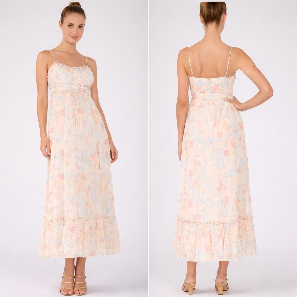 LIKELY NEW Raffy Ivory Pastel Floral Ruffle Tie Waist Maxi Dress SZ 12 Coquette